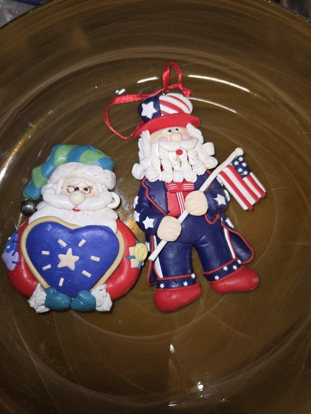 Patriotic Santa Ornament Lot – Uncle Sam Santa & Heart Flag Santa – Americana